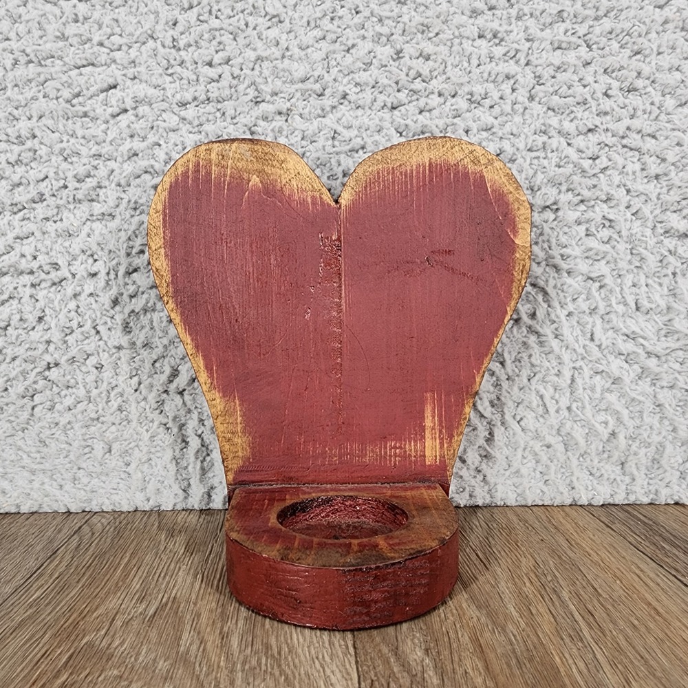 Vintage Primitive Wood Heart Candle Holder Red Distressed Farmhouse Folk Art